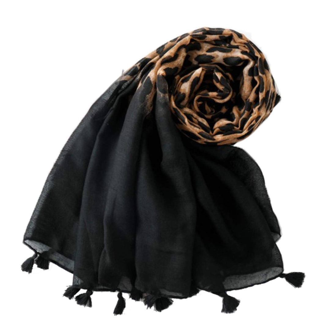 stylesilove Women Elegant Classic Leopard Print Lightweight Cotton Tassel Scarf Wrap Autumn Winter Large Shawl Scarf