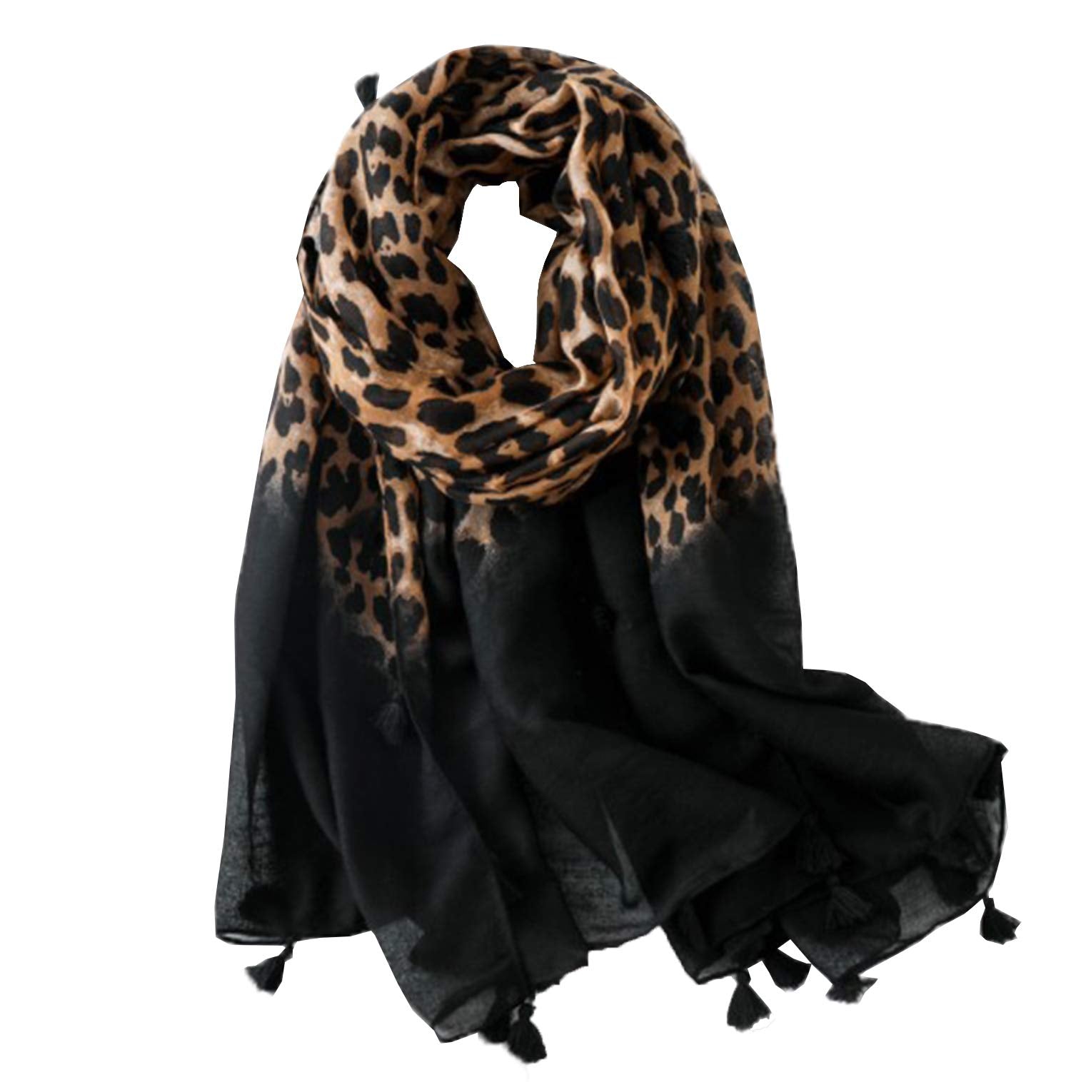 stylesilove Women Elegant Classic Leopard Print Lightweight Cotton Tassel Scarf Wrap Autumn Winter Large Shawl Scarf