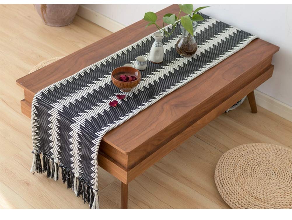 Fennco Styles Reversible Geometric Canvas Cotton Table Runner with Tassels – 14”W x 71”L Black & White Table Cover for Dining Table Décor, Banquets and Holidays