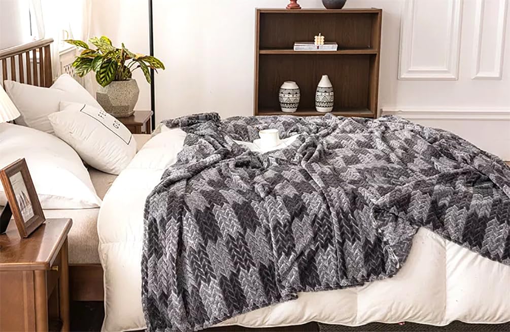 Fennco Styles Wheat Pattern Plush Extra Warm and Soft Throw Blanket 59" W x 79" L - Grey Flannel Fleece Large Blanket for Couch, Bedroom, Living Room Décor