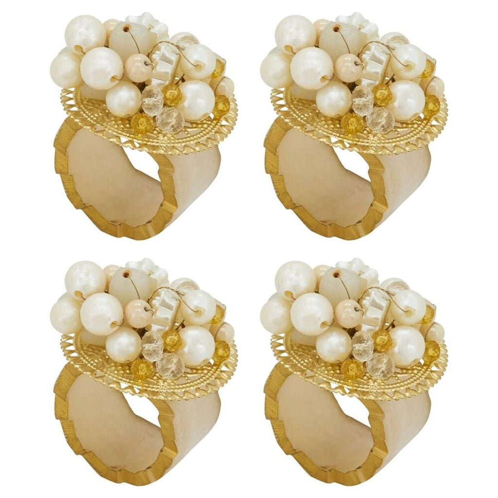 Fennco Styles Beaded Radiance Resin Napkin Rings, Set of 4 - Ivory Elegant Napkin Holders for Home, Dining Table, Banquets Décor, Weddings and Special Occasions