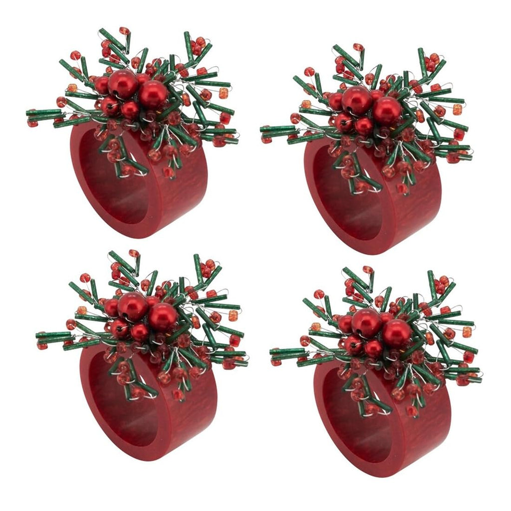 Fennco Styles Finery Beaded Holiday Napkin Rings, Set of 4 - Red Festive Decorative Napkin Holders for Home, Dining Table, Family Gatherings, Christmas Décor and Special Occasions