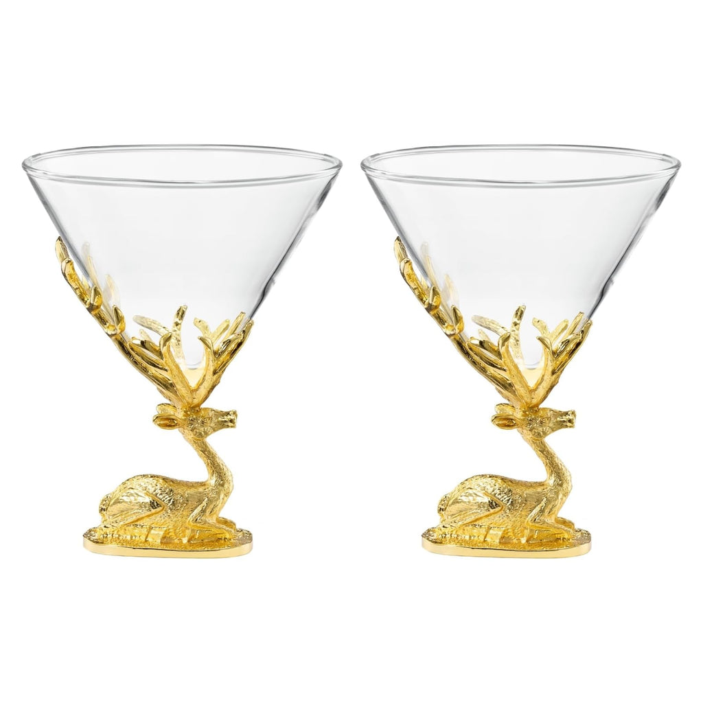 Stag Antler Cocktail Glasses Set of 2 Gold Deer Design Elegant Animal Inspired Barware