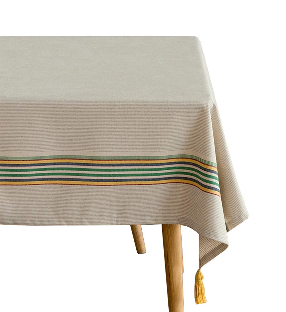 Fennco Styles Classic Striped Tassel Woven Tablecloth 55" W x 55" L - Ivory Table Cover for Banquets, Holiday, Special Events, Home, Dining Room Décor and Everyday Use