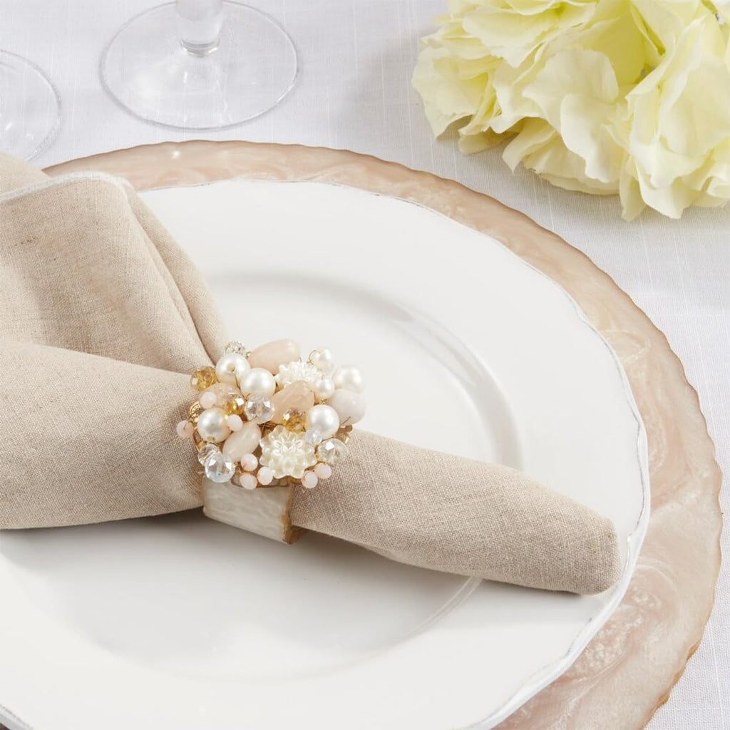 Fennco Styles Beaded Radiance Resin Napkin Rings, Set of 4 - Ivory Elegant Napkin Holders for Home, Dining Table, Banquets Décor, Weddings and Special Occasions