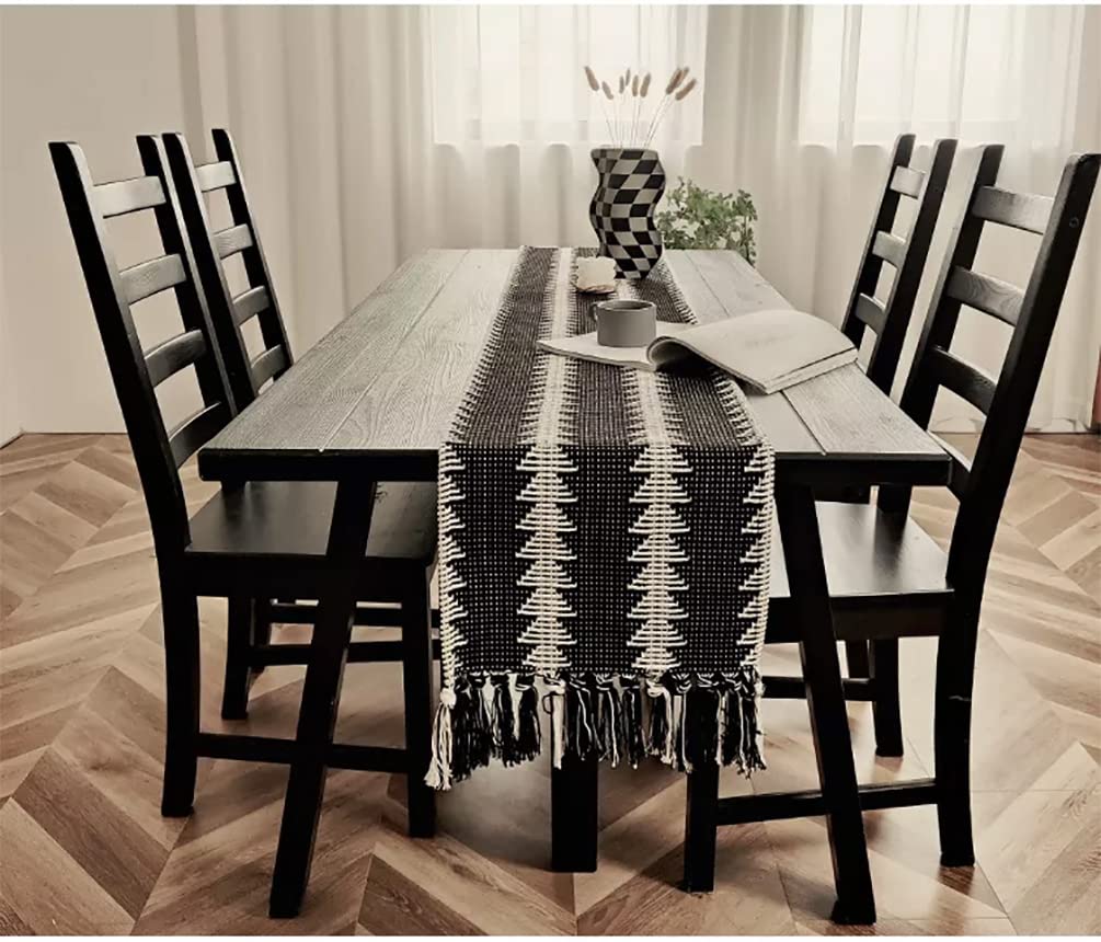 Fennco Styles Reversible Geometric Canvas Cotton Table Runner with Tassels – 14”W x 71”L Black & White Table Cover for Dining Table Décor, Banquets and Holidays
