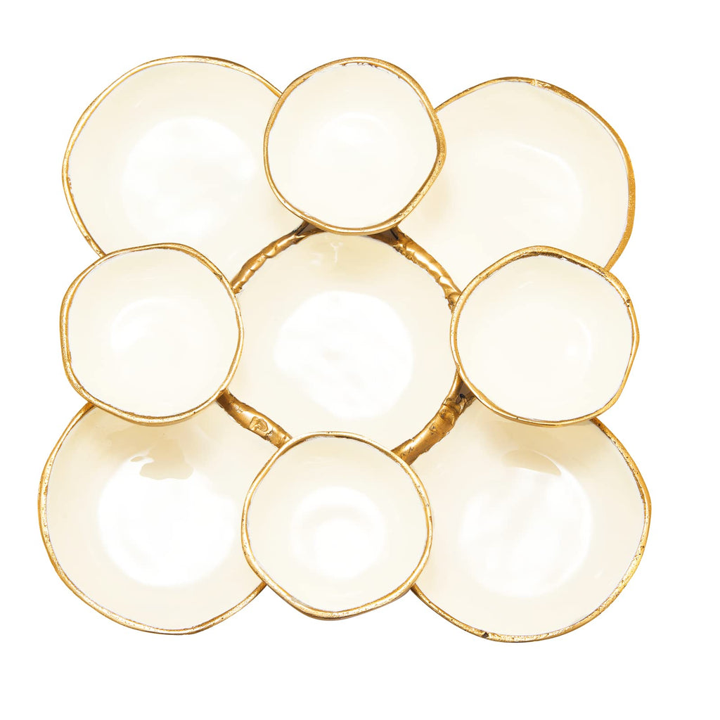 Cluster of 9 Round Serving Bowls Decorative Bowls Gold & White, Brass