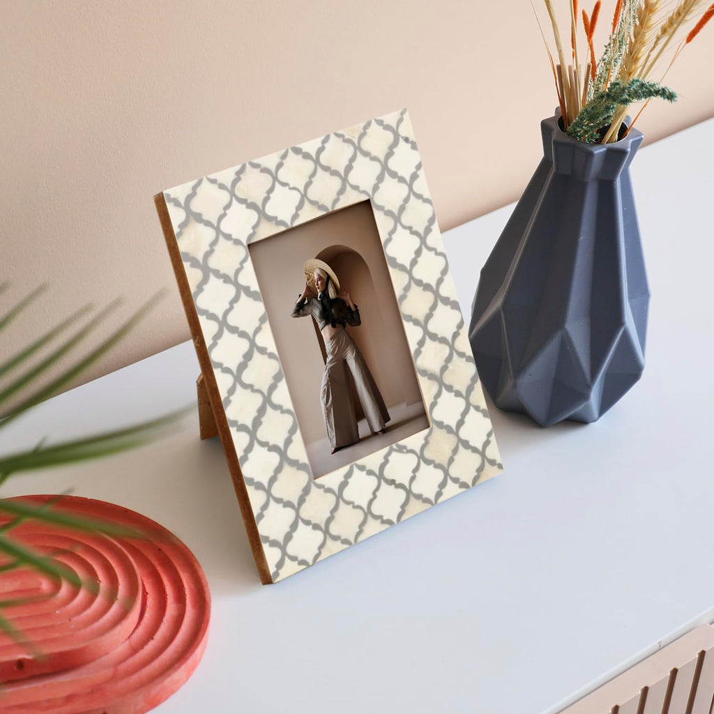 Picture Frames Moroccan Pattern Collection Bone Inlay Resin White Grey 4x6 5x7"