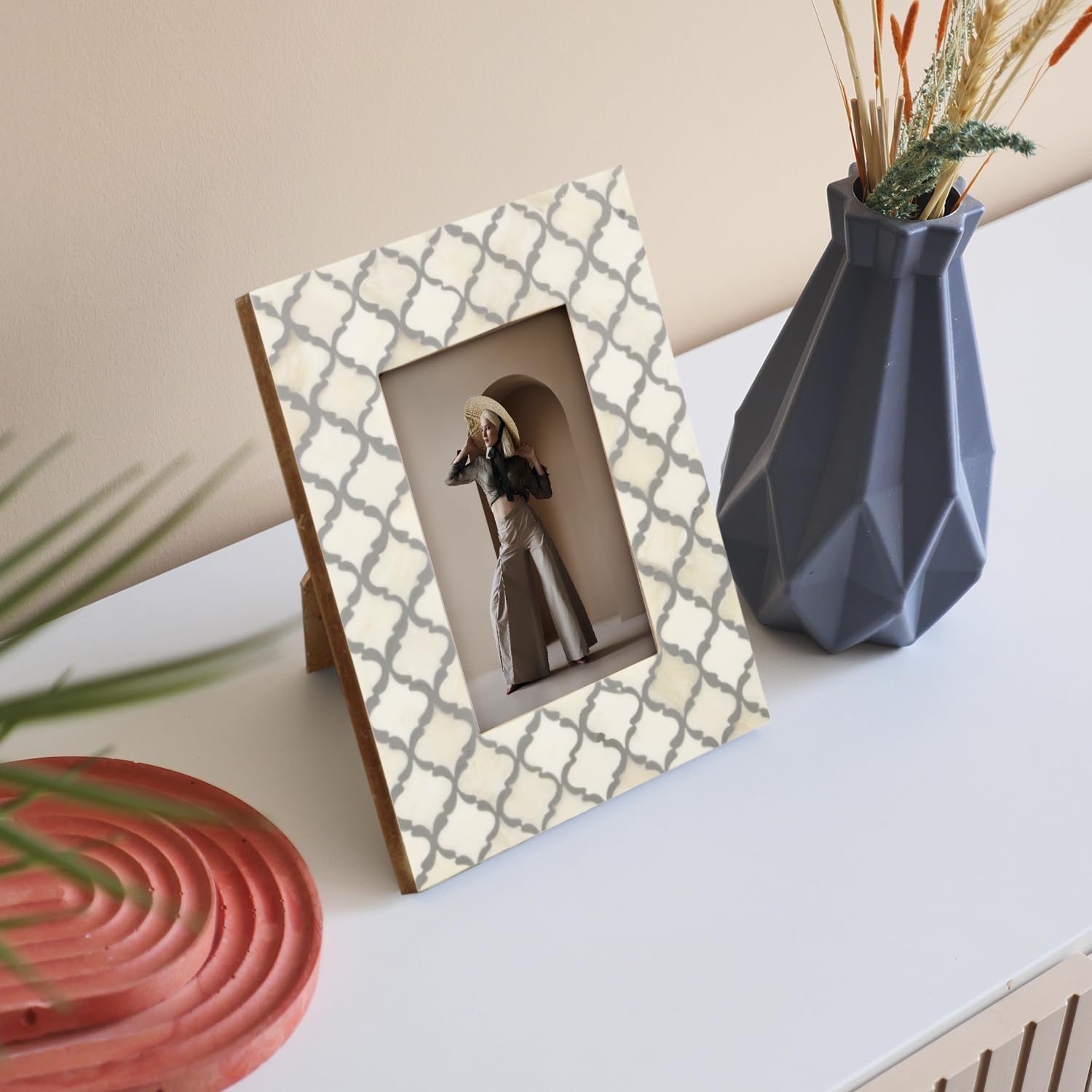 Picture Frames Moroccan Pattern Collection Bone Inlay Resin White Grey 4x6 5x7"