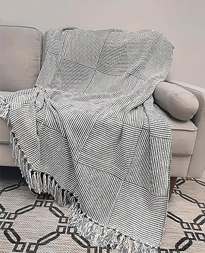 Fennco Styles Chenille Woven Striped Tassel Throw Blanket 50" W x 60" L - Grey Soft Blanket for Bed, Couch, Sofa, Home, Office and Holidays Décor