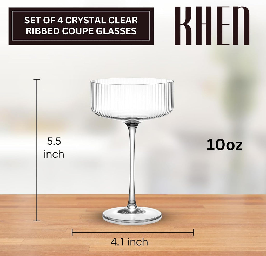 Ribbed Coupe Glasses Set Crystal Bar Drinkware – 10oz Clear