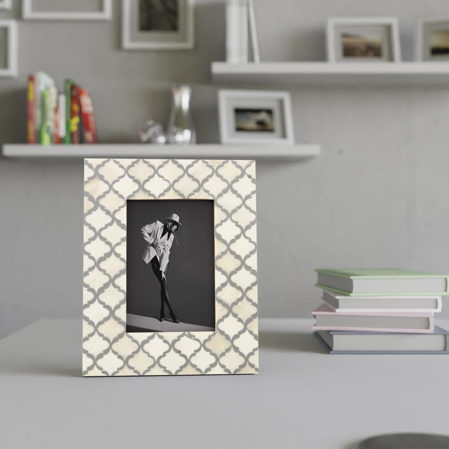 Picture Frames Moroccan Pattern Collection Bone Inlay Resin White Grey 4x6 5x7"