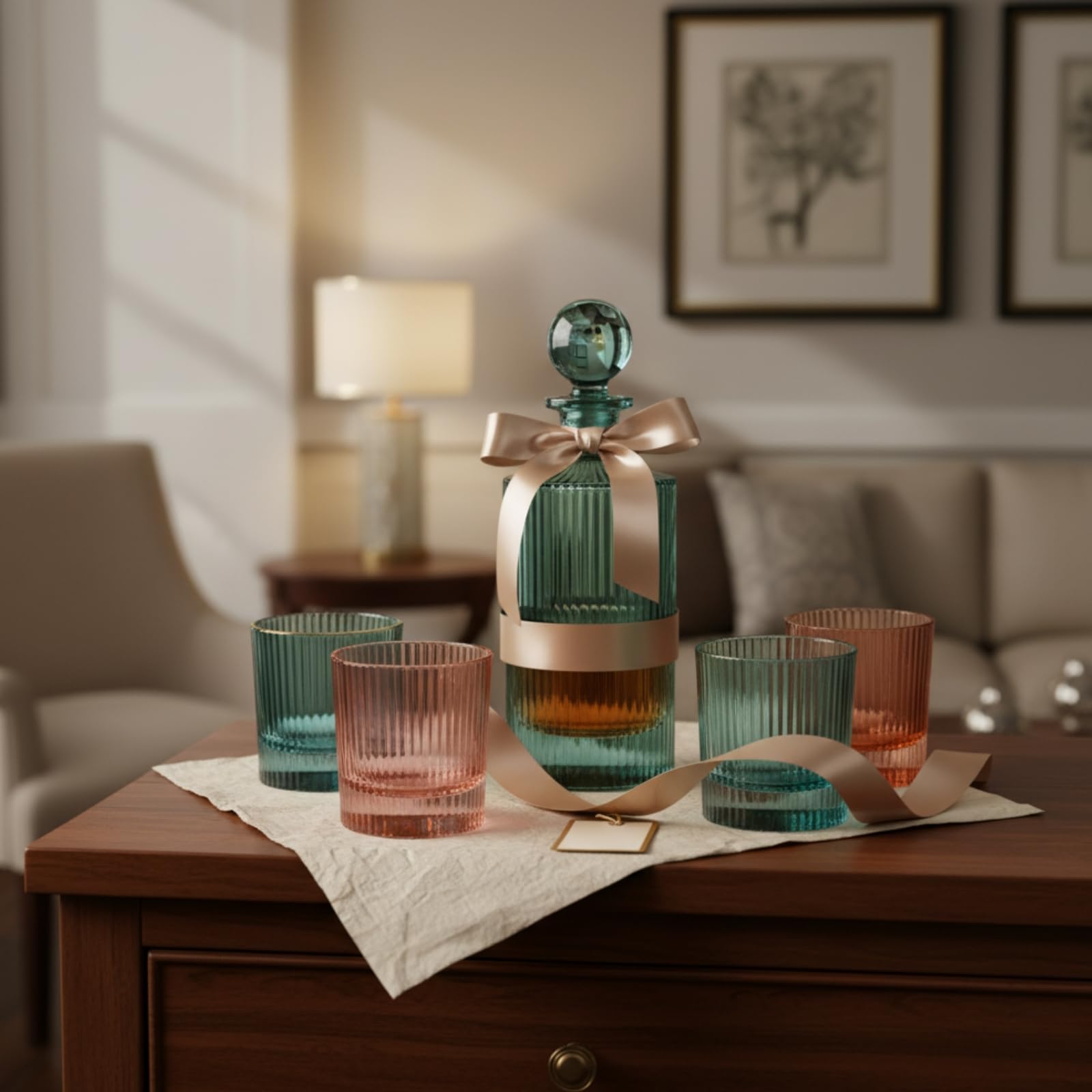 Khen Ribbed Decanter Set with 4 Glasses – Whiskey Bourbon Scotch