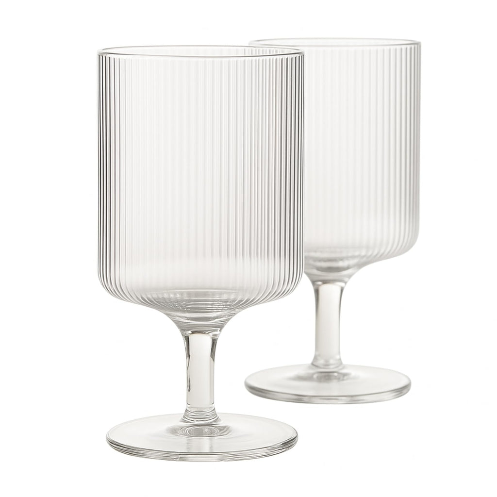 Khen Textured Clear Glass Ribbed Modern Elegant Wine Goblets | Set of 2