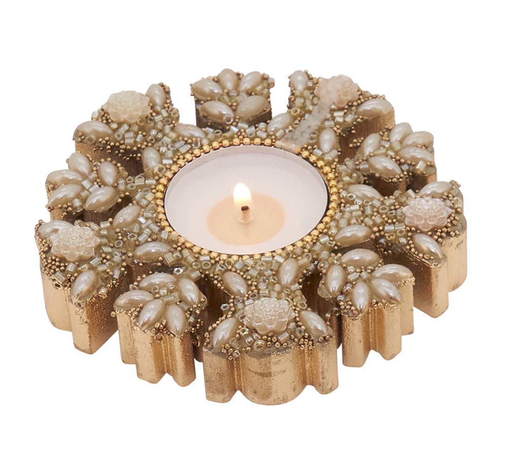 Fennco Styles Beaded Wooden Snowflake 4" W Candle Holder – Glass Beads Tealight Holder for Thanksgiving, Christmas Dinner, Family Gathering, Special Event & Home Decor
