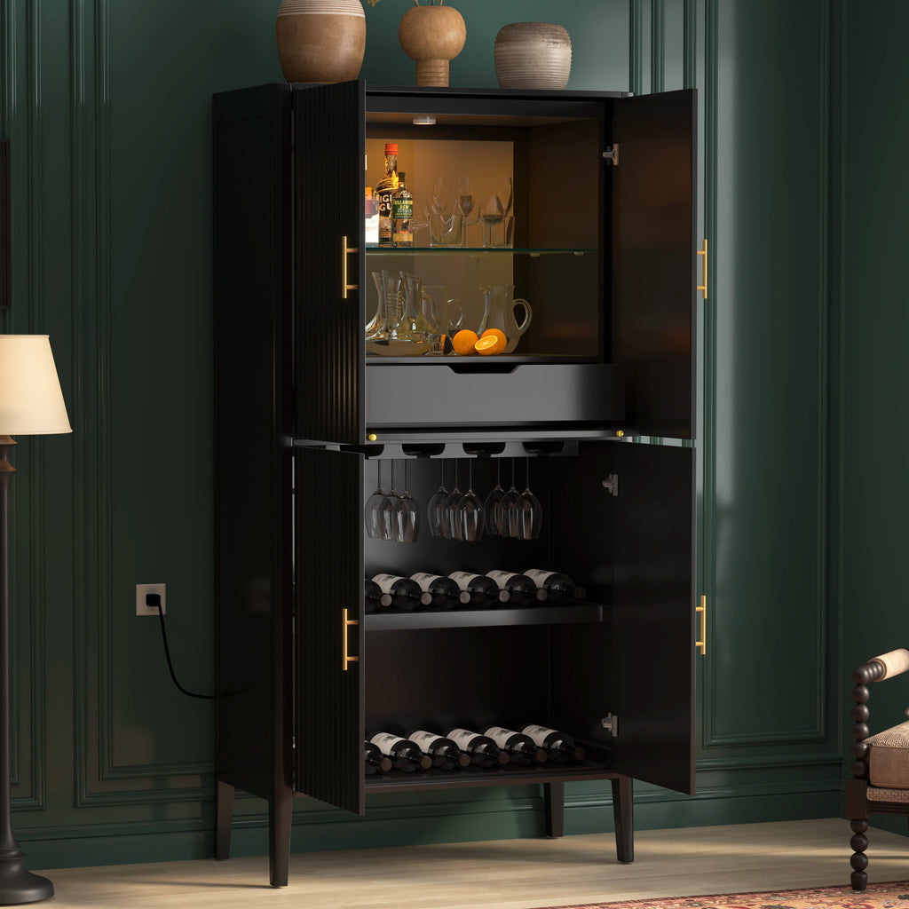 U_STYLE Modern Fluted Wine Cabinet with Glass Display & Stemware Rack