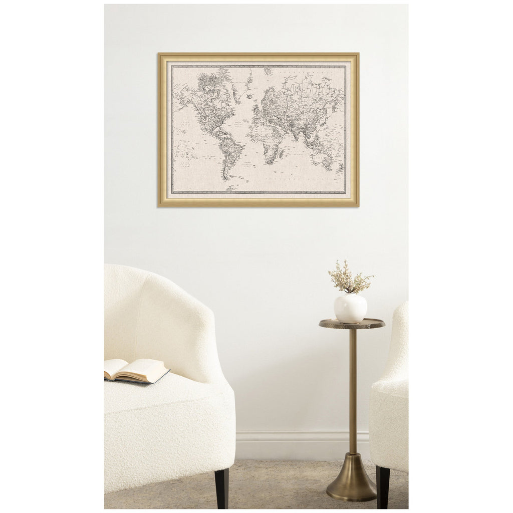 Framed Fabric Pinboard Vintage Black and White Linen World Map Wall Organization
