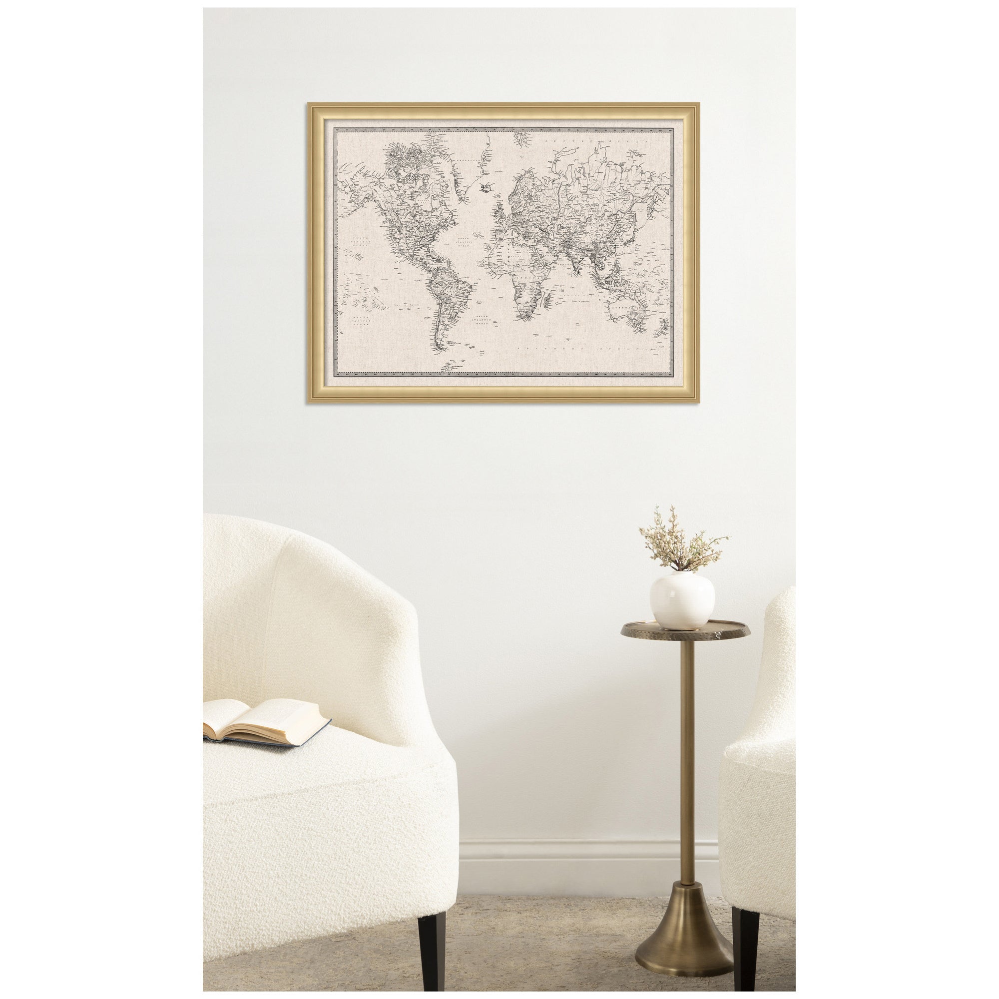 Framed Fabric Pinboard Vintage Black and White Linen World Map Wall Organization