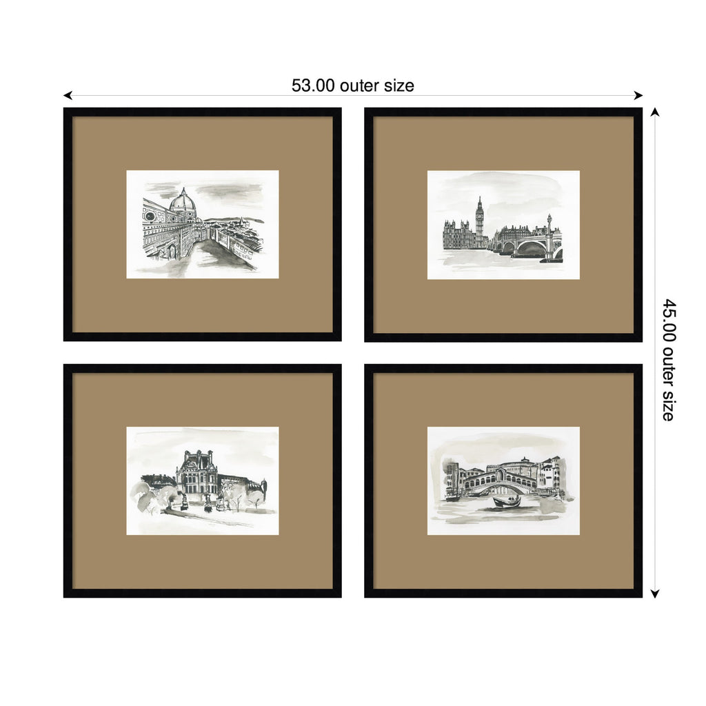 Vintage Europe with Brown Mat — 4-Piece Framed Art Set
