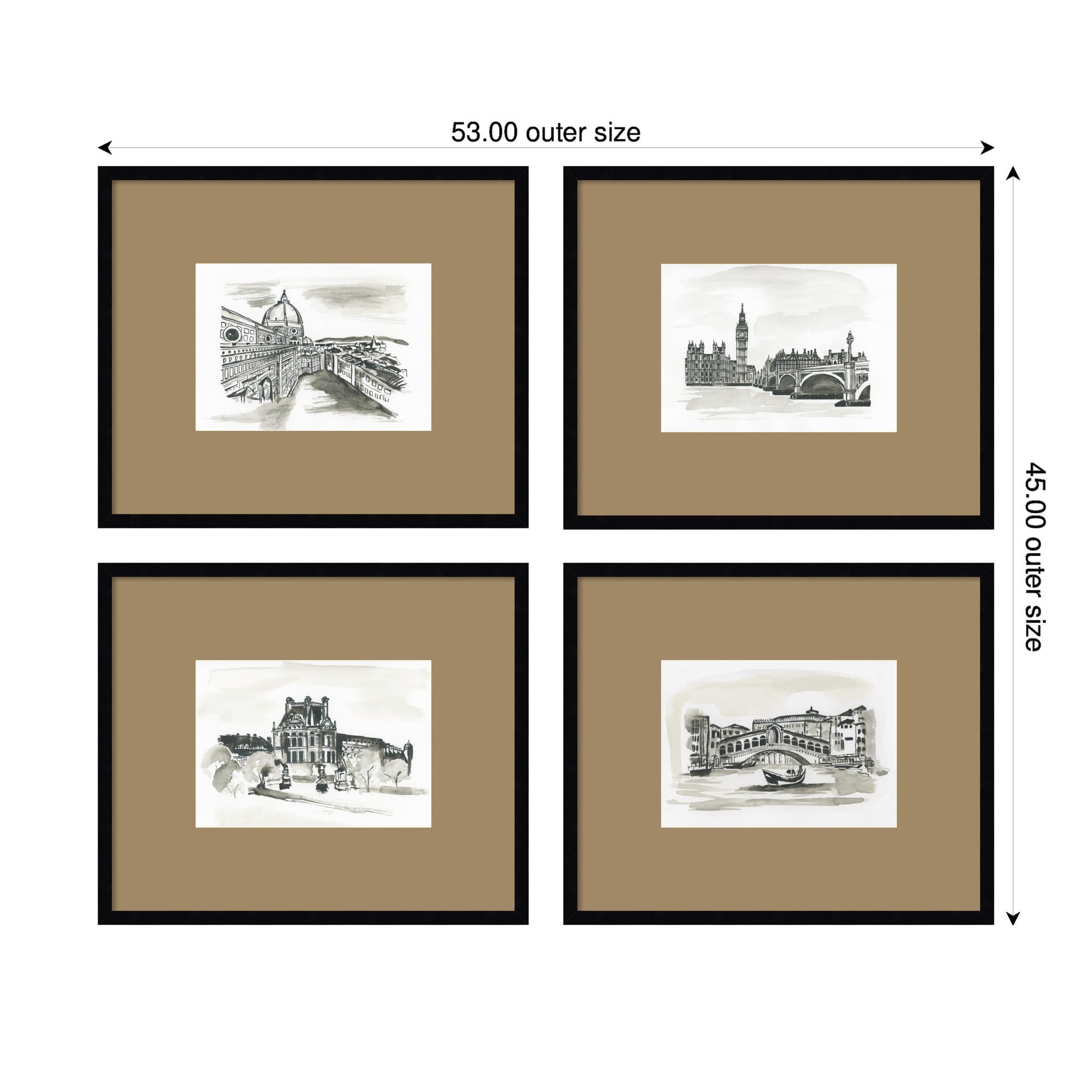 Vintage Europe with Brown Mat — 4-Piece Framed Art Set