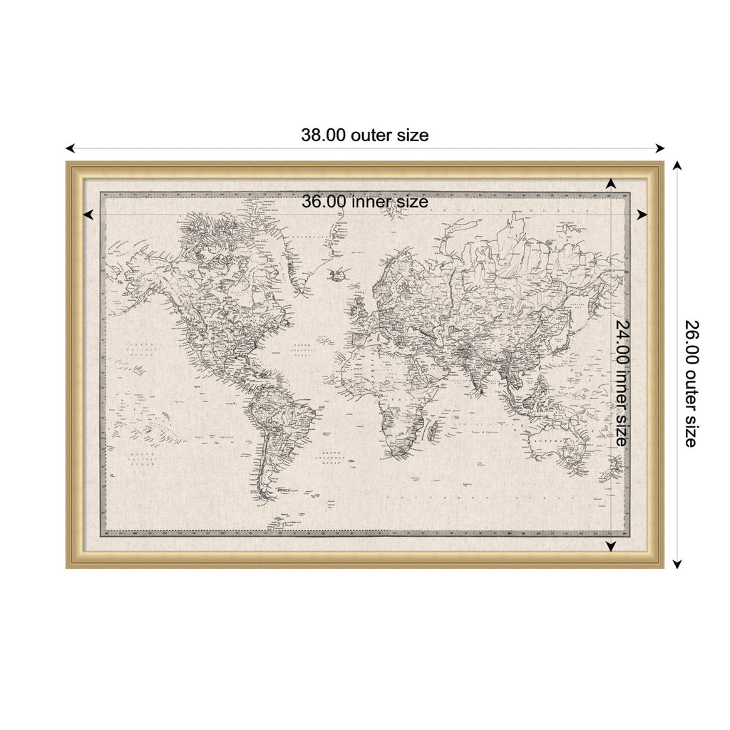 Framed Fabric Pinboard Vintage Black and White Linen World Map Wall Organization