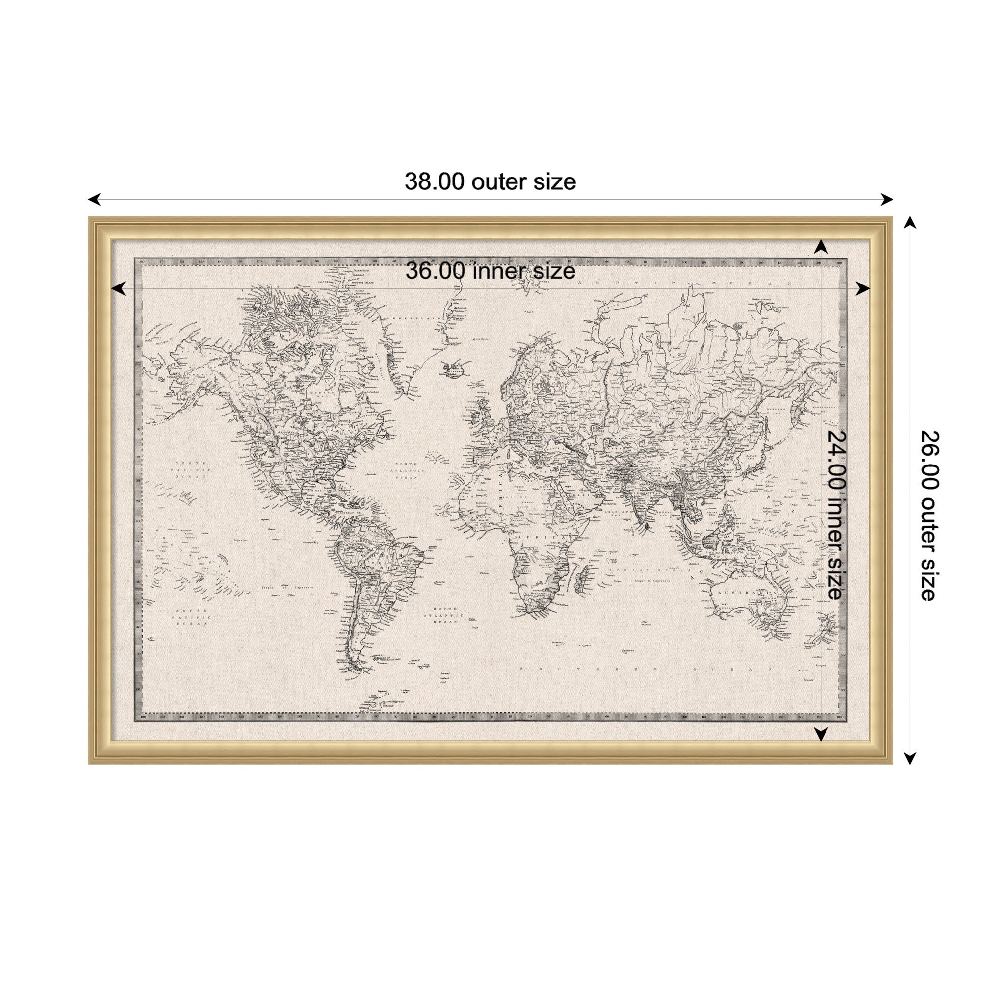 Framed Fabric Pinboard Vintage Black and White Linen World Map Wall Organization