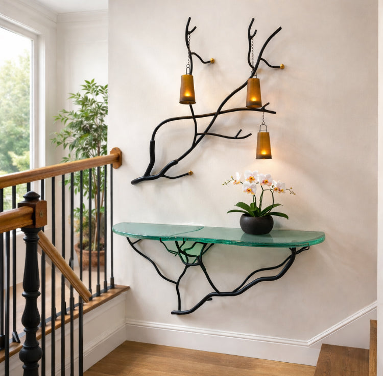 Illuminated Branch Wall Sculpture with 3 Lanterns