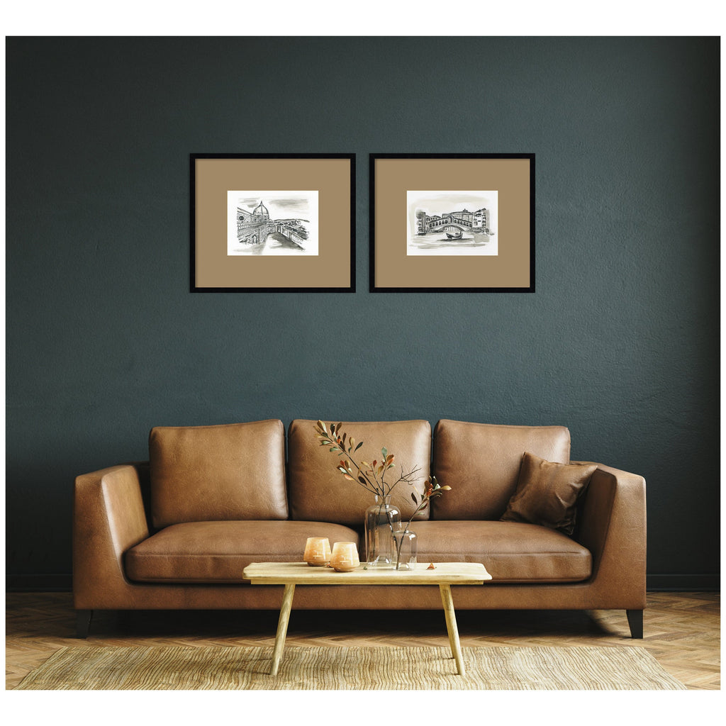 Vintage Postcard Florence & Venice 2 Piece Framed Wall Art Print Set by Teju Reval Brown Mat