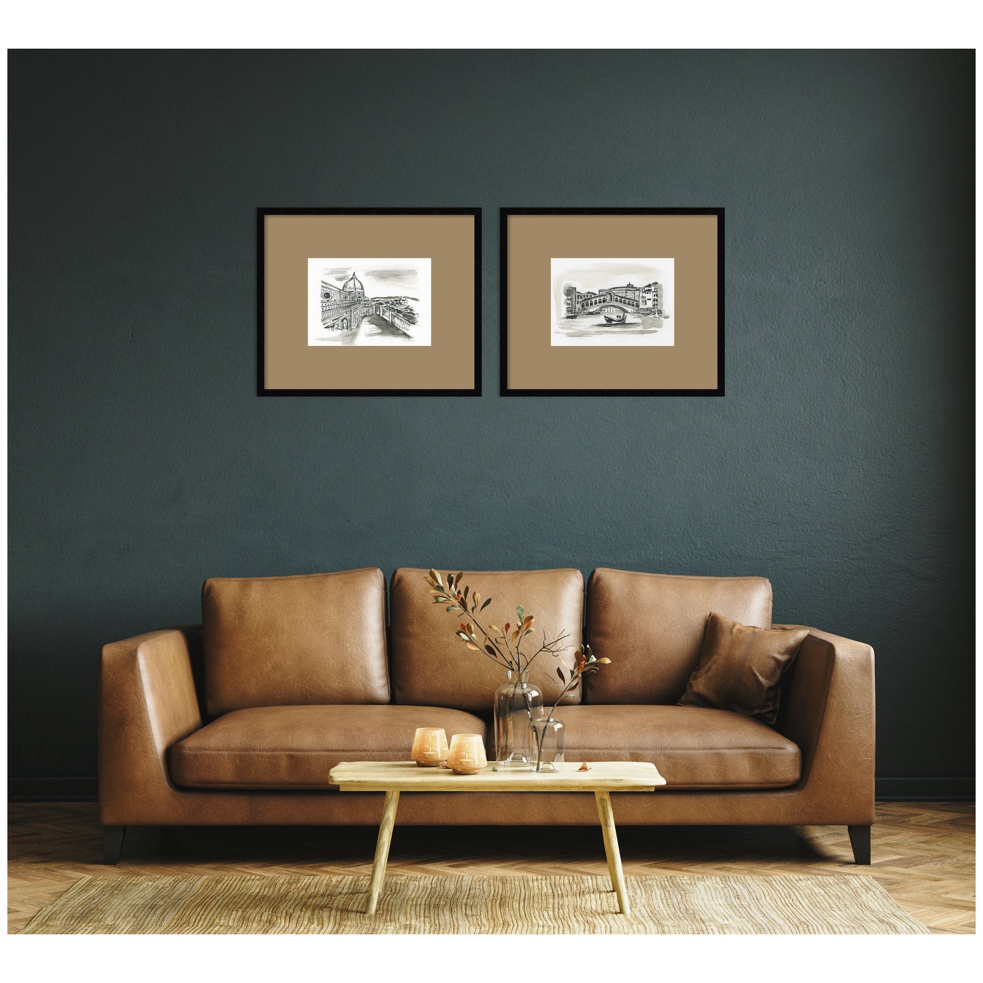 Vintage Postcard Florence & Venice 2 Piece Framed Wall Art Print Set by Teju Reval Brown Mat