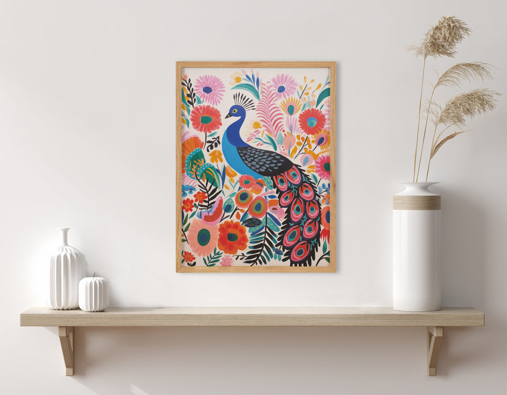 Gallery Bright Colorful Boho Peacock and Botanicals Print by The Creative Bunch Studio