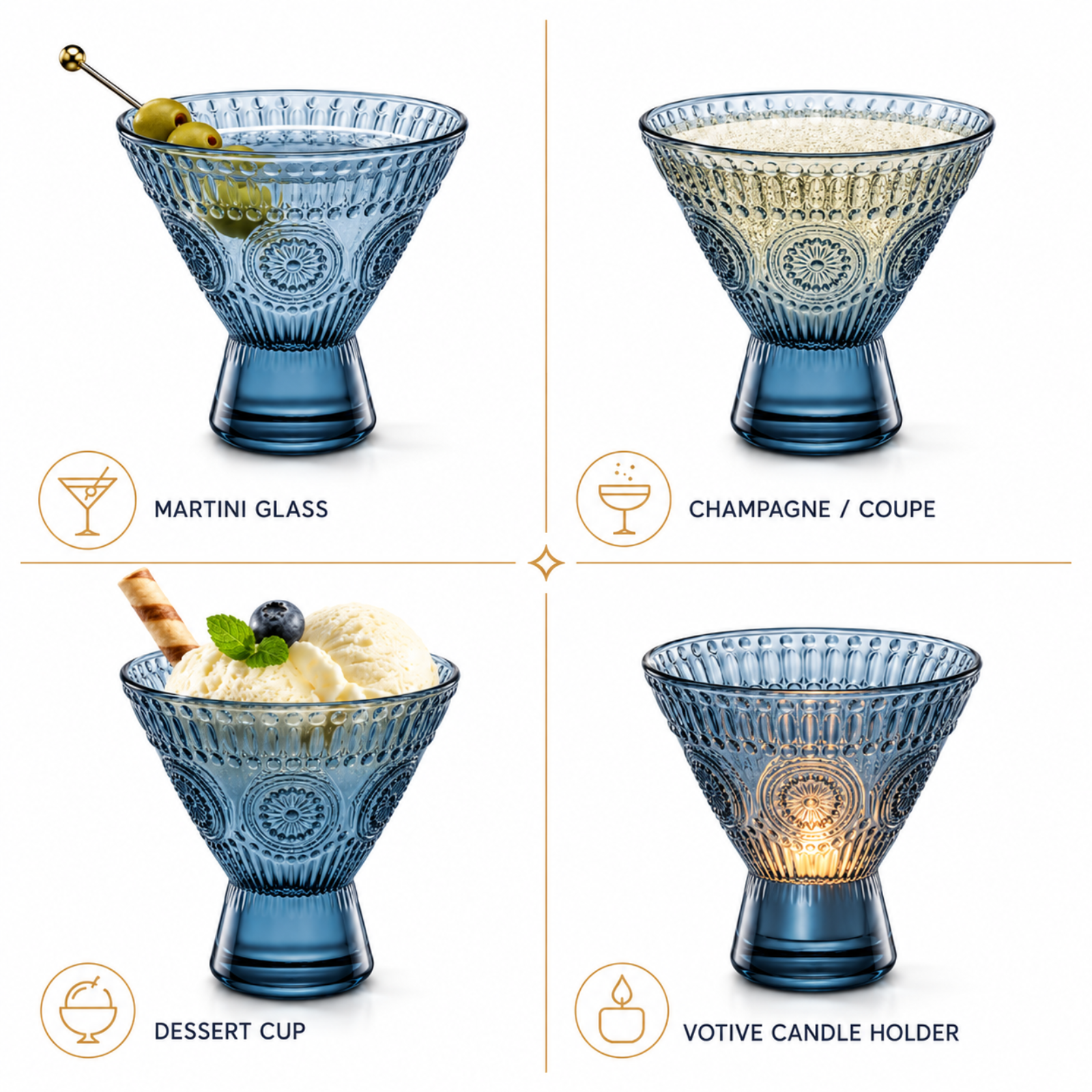 Tonal Hobnail Martini Glassware, Set of 6