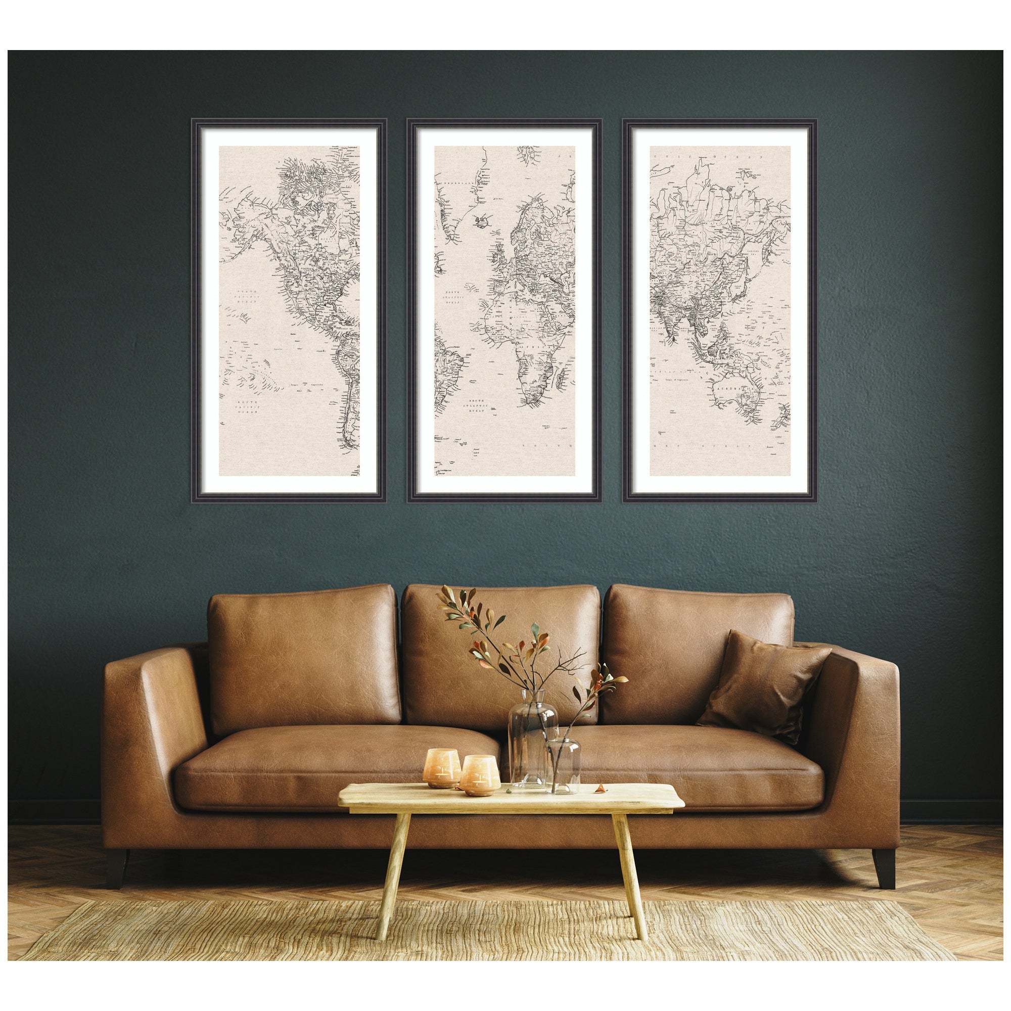 Vintage Black & White World Map — 3-Piece Framed Art Set