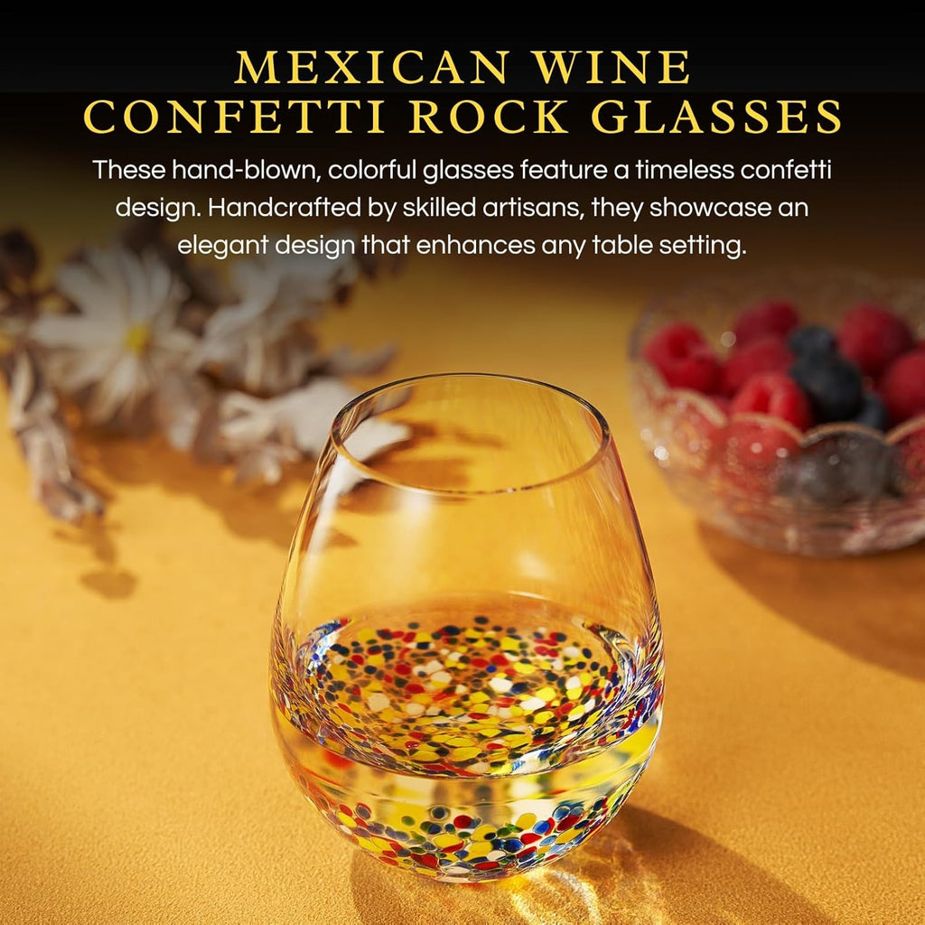 The Wine Savant Mexican Wine Glasses Hand Blown Confetti Rock  - Clear