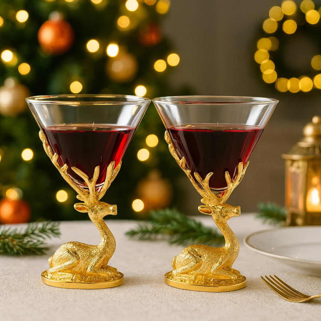 Stag Antler Cocktail Glasses Set of 2 Gold Deer Design Elegant Animal Inspired Barware