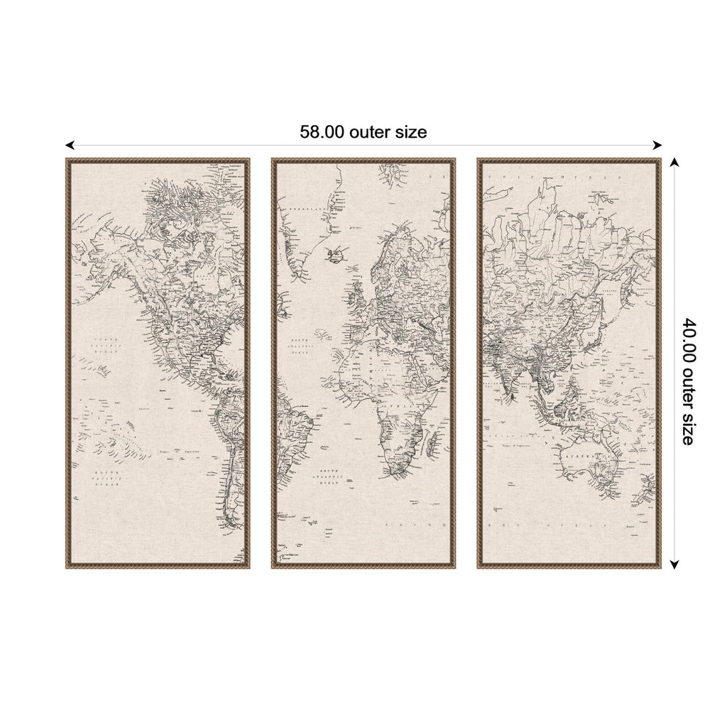 Vintage Black and White World Map Linen 3 Piece Framed Canvas Wall Art Set by The Creative Bunch Studio