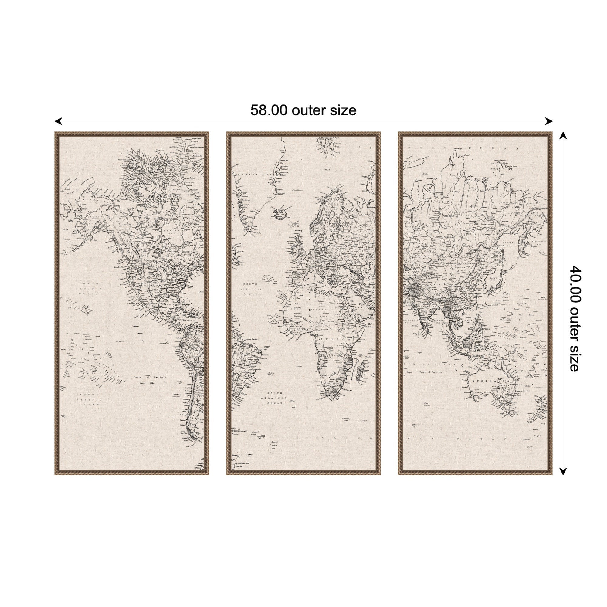 Vintage Black and White World Map Linen 3 Piece Framed Canvas Wall Art Set by The Creative Bunch Studio