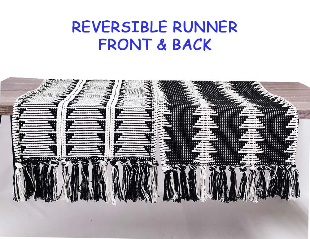 Fennco Styles Reversible Geometric Canvas Cotton Table Runner with Tassels – 14”W x 71”L Black & White Table Cover for Dining Table Décor, Banquets and Holidays