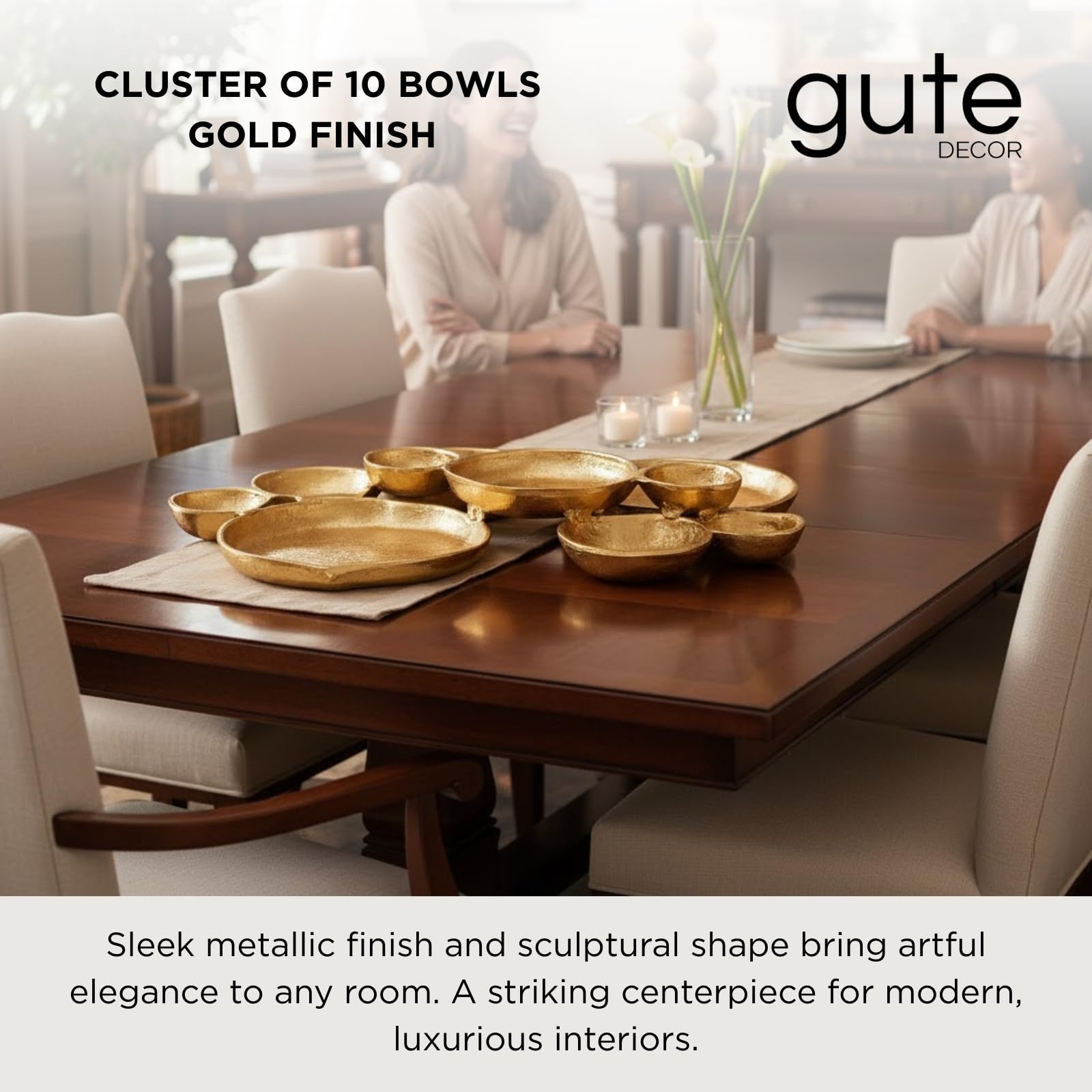 Cluster of 10 Round Serving Bowls Gold Clusters Decorative Tray
