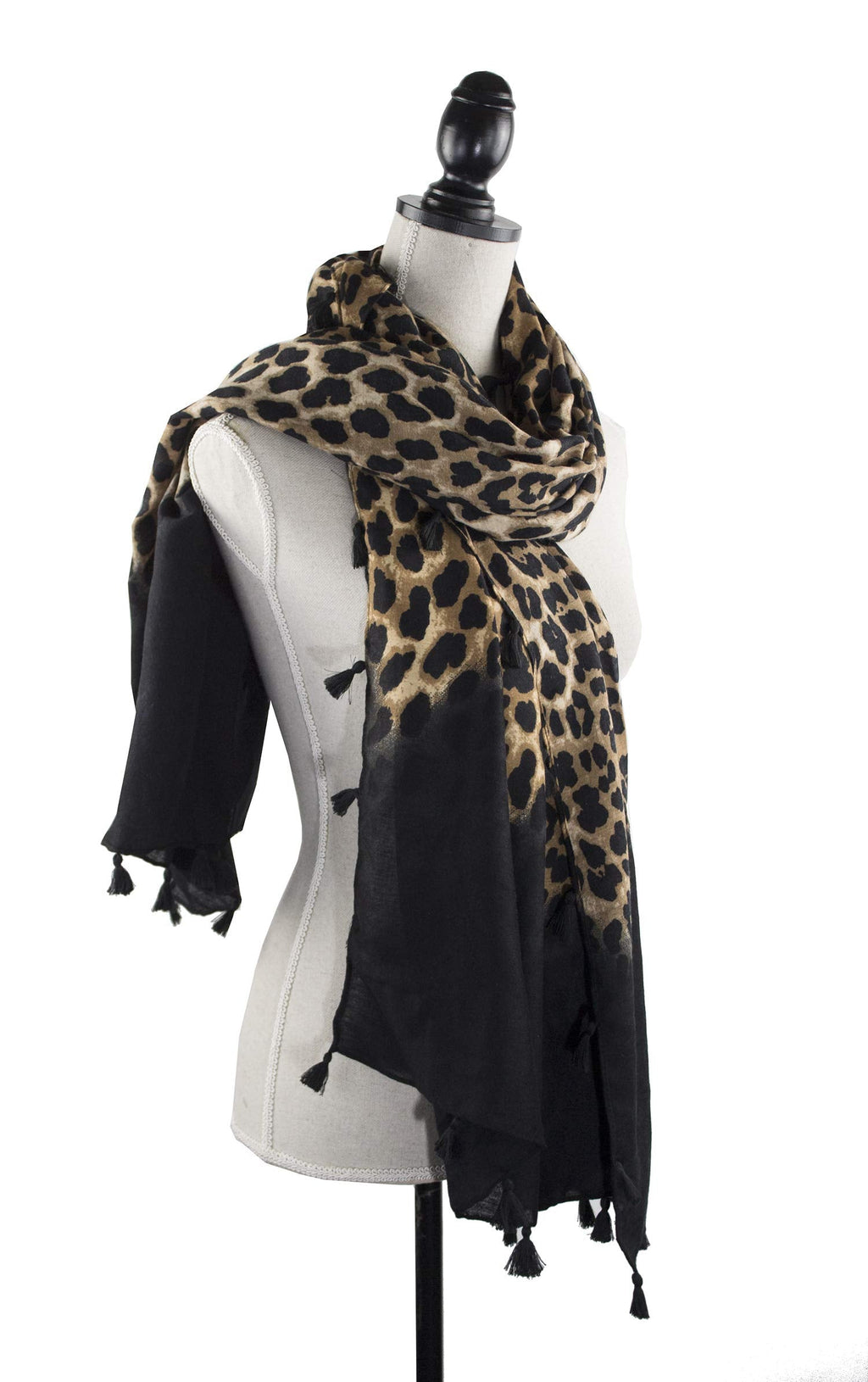 stylesilove Women Elegant Classic Leopard Print Lightweight Cotton Tassel Scarf Wrap Autumn Winter Large Shawl Scarf