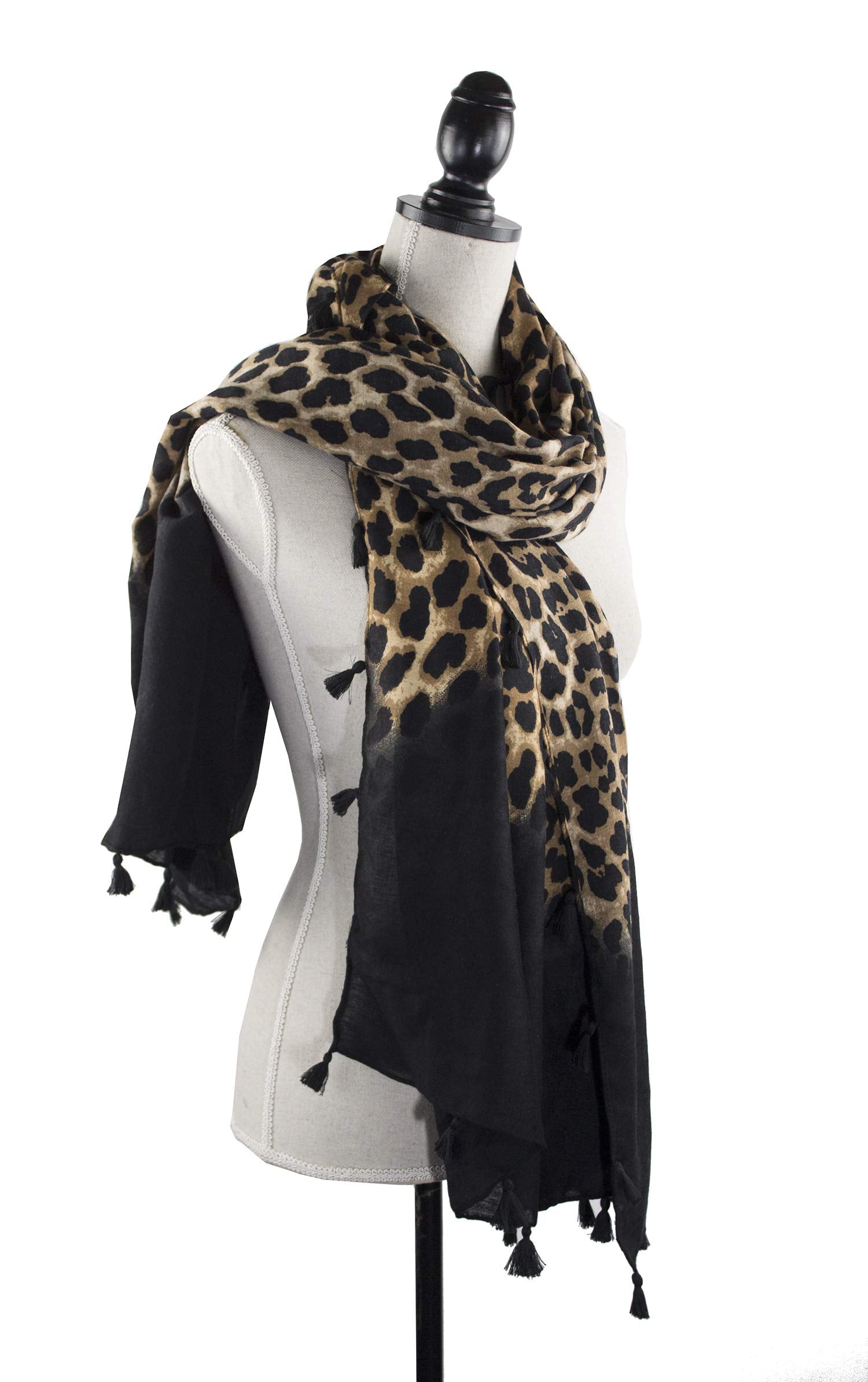 stylesilove Women Elegant Classic Leopard Print Lightweight Cotton Tassel Scarf Wrap Autumn Winter Large Shawl Scarf
