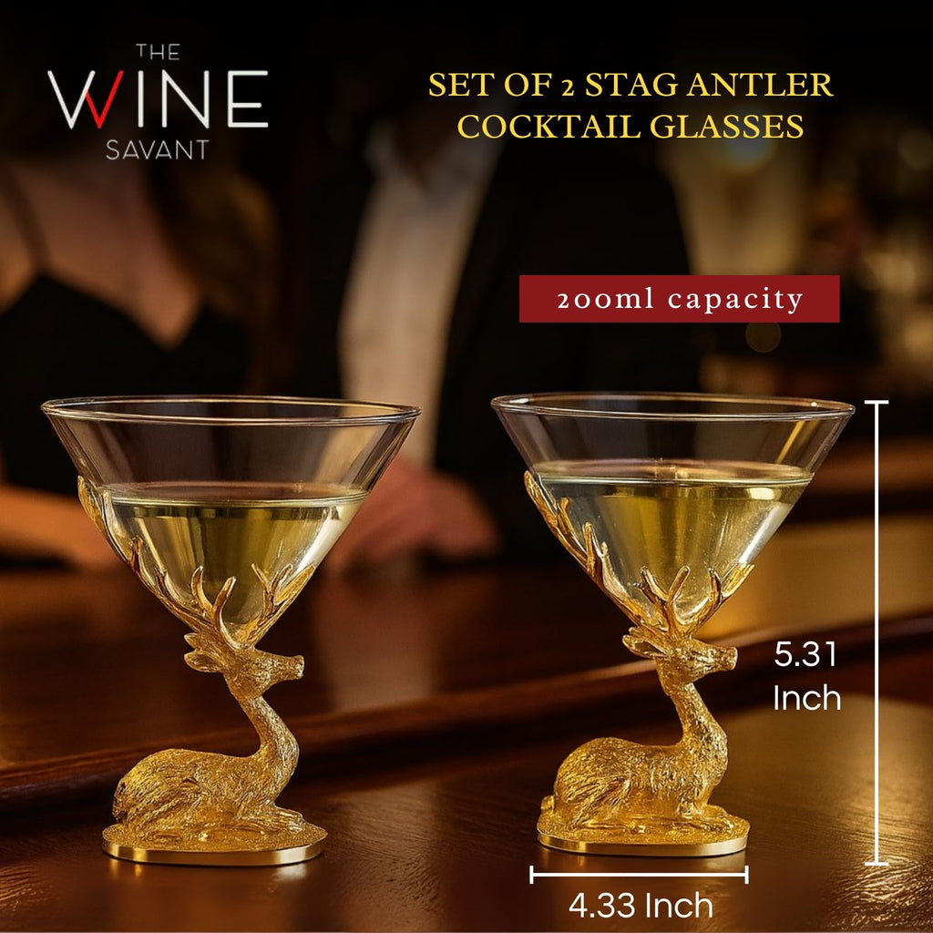 Stag Antler Cocktail Glasses Set of 2 Gold Deer Design Elegant Animal Inspired Barware