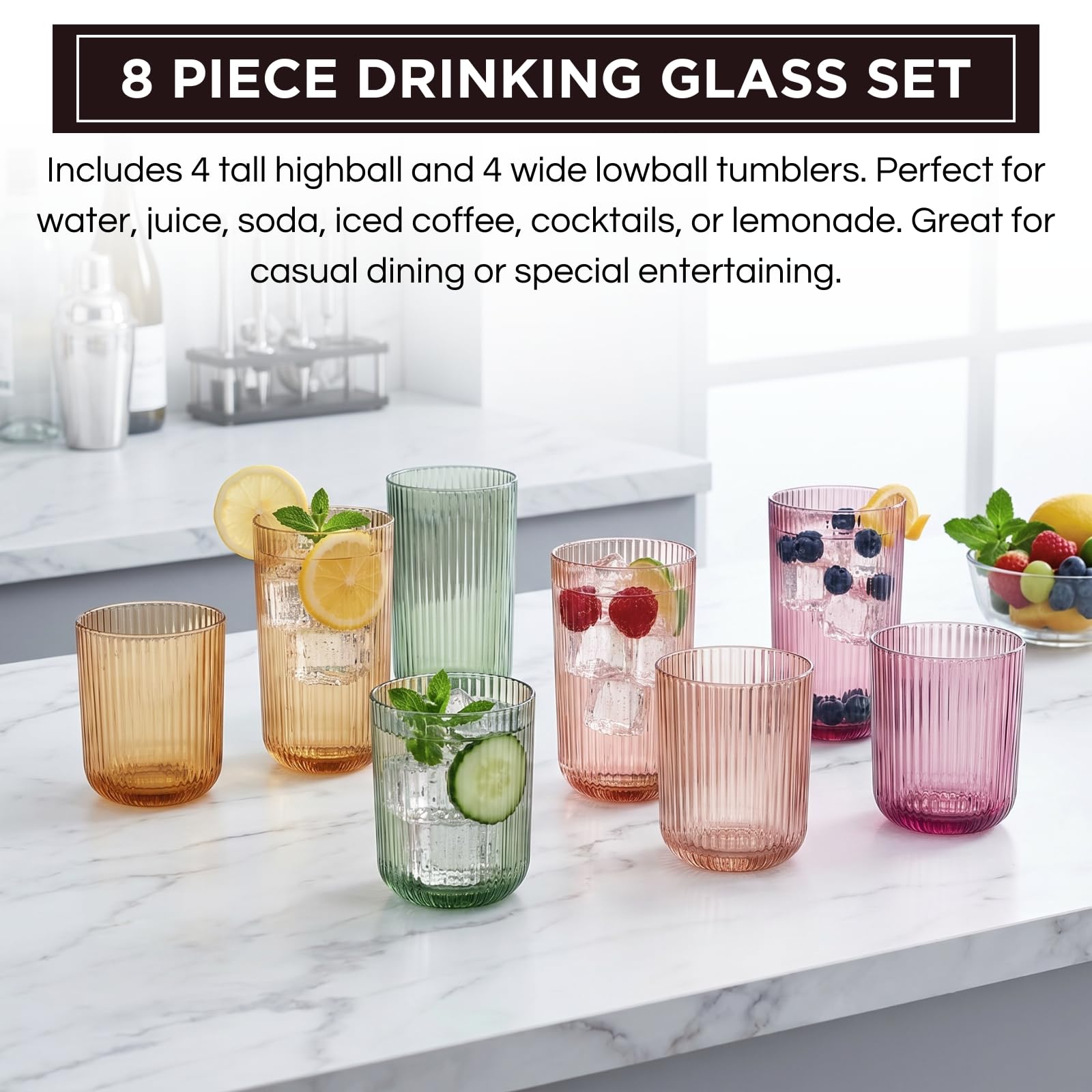 Set of 8 Ribbed Glasses - 4 Highball Glasses & 4 Lowball