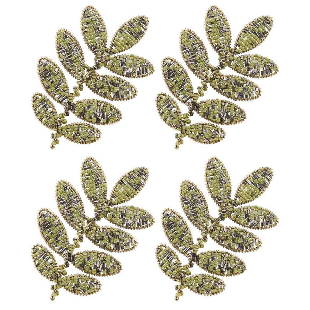 Fennco Styles Hand Beaded Leaf Decorative Napkin Rings, Set of 4 - Green Napkin Holders for Home, Dining Room, Banquet, Family Gathering, Holiday Décor and Special Occasion