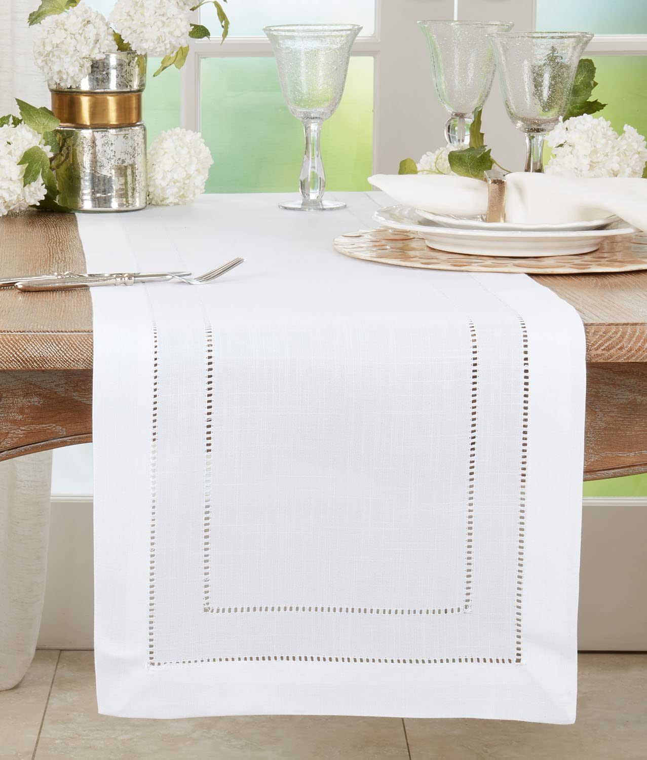 Fennco Styles Double Hemstitched White Table Runner 16" W x 72" L - Solid Color Table Cover for Dining Table, Banquets, Holidays, Weddings, Home Décor and Everyday Use