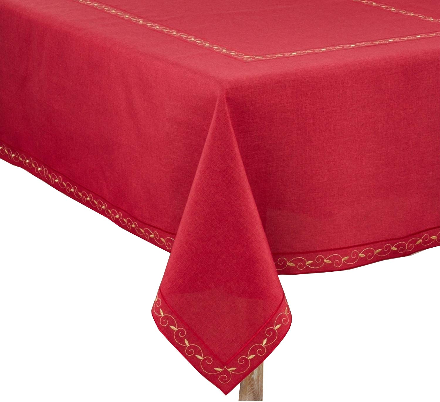 Fennco Styles Holiday Embroidered Bordered Design Tablecloth - Red Table Cover for Home Décor, Christmas, Banquets and Special Events