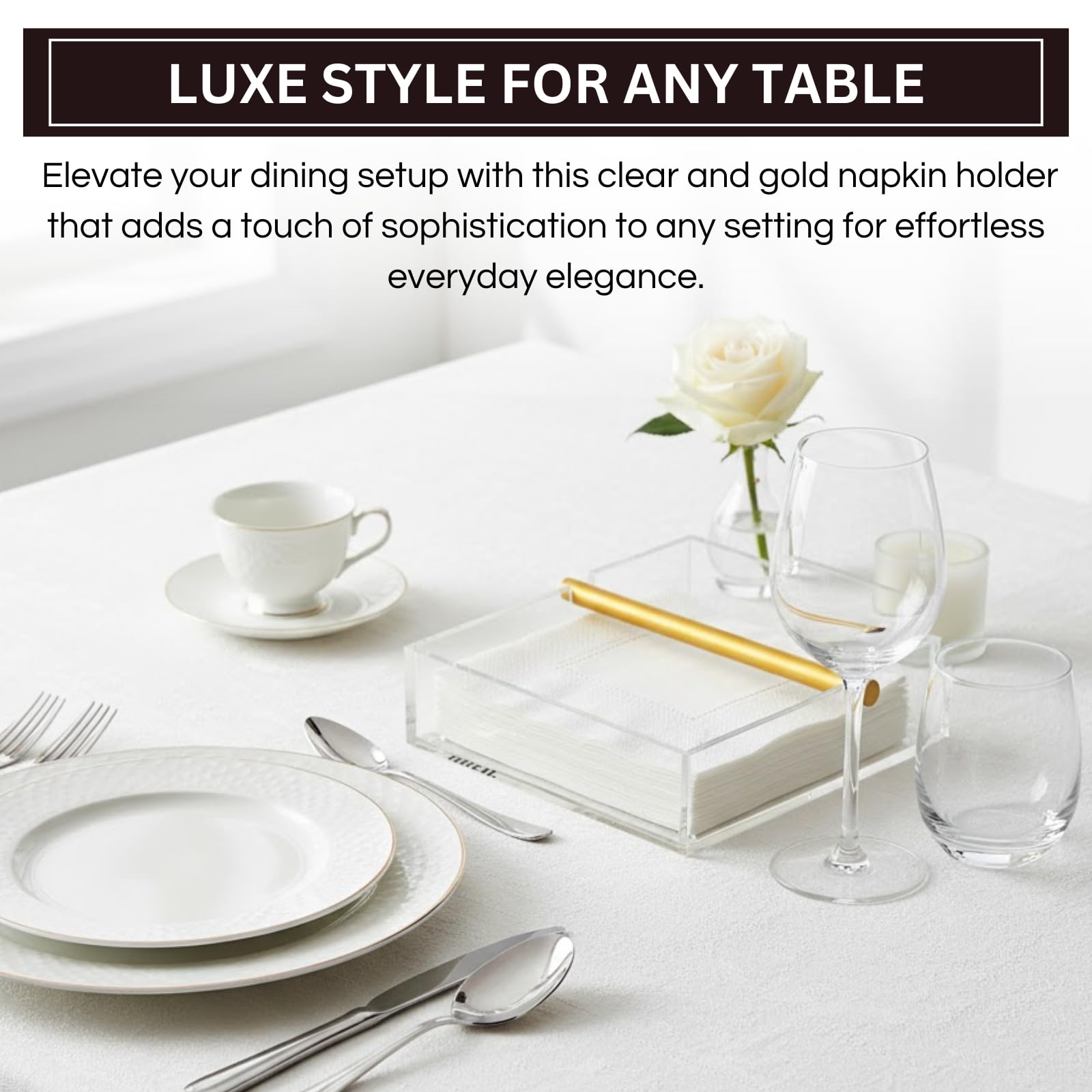 Clear & Gold Napkin Holder – 7"x 7" Square Design | Modern Table Decor