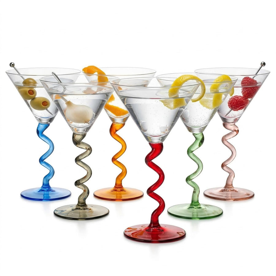 Multicolor Spiral-Stem Martini Glasses — Set of 6