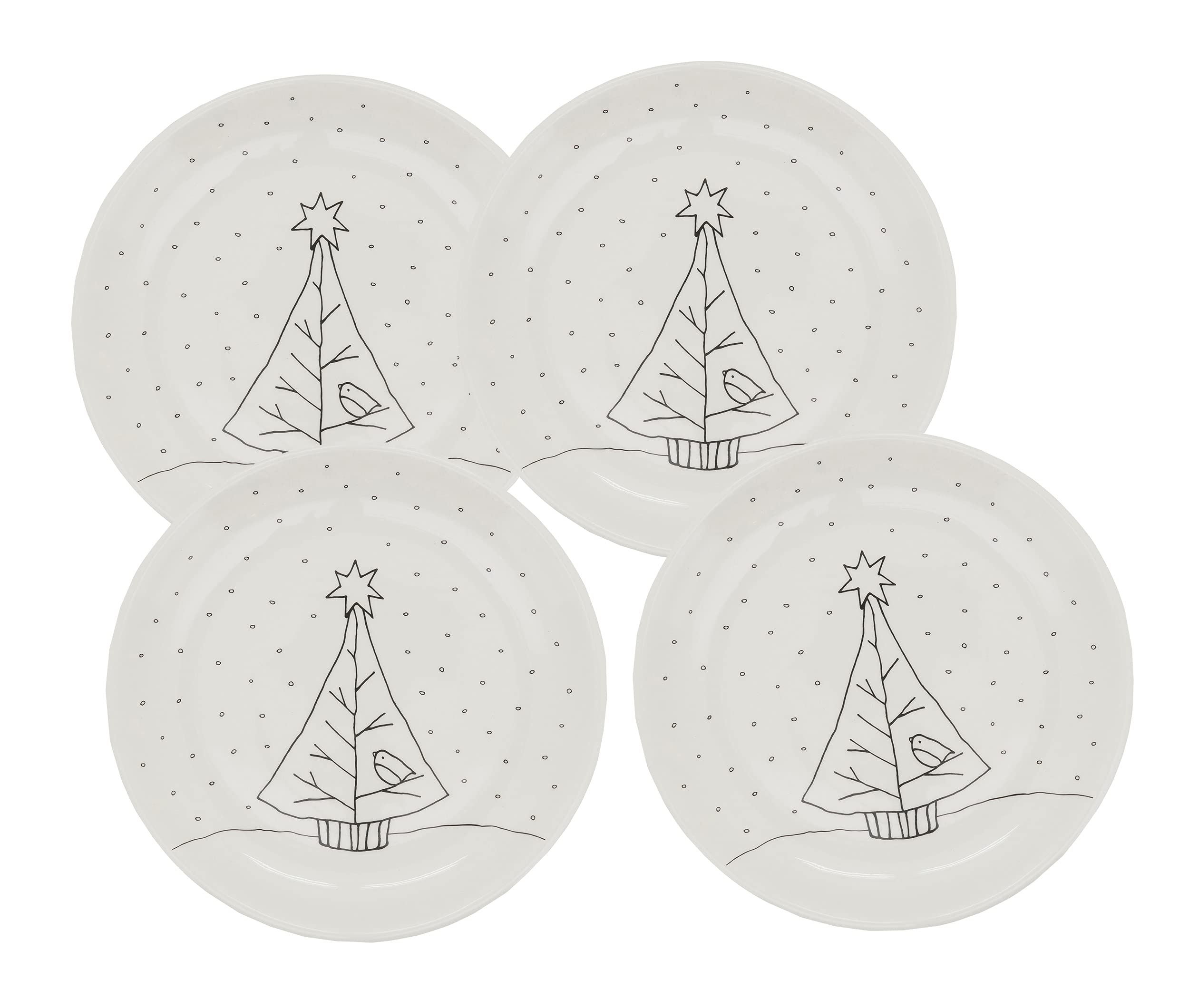 Fennco Styles Cartoon Christmas Tree Holiday Salad Plates 8" Round, Set of 4 - White Dolomite Serving Plate for Home, Christmas Décor, Kitchen, Family Gathering and Special Occasion