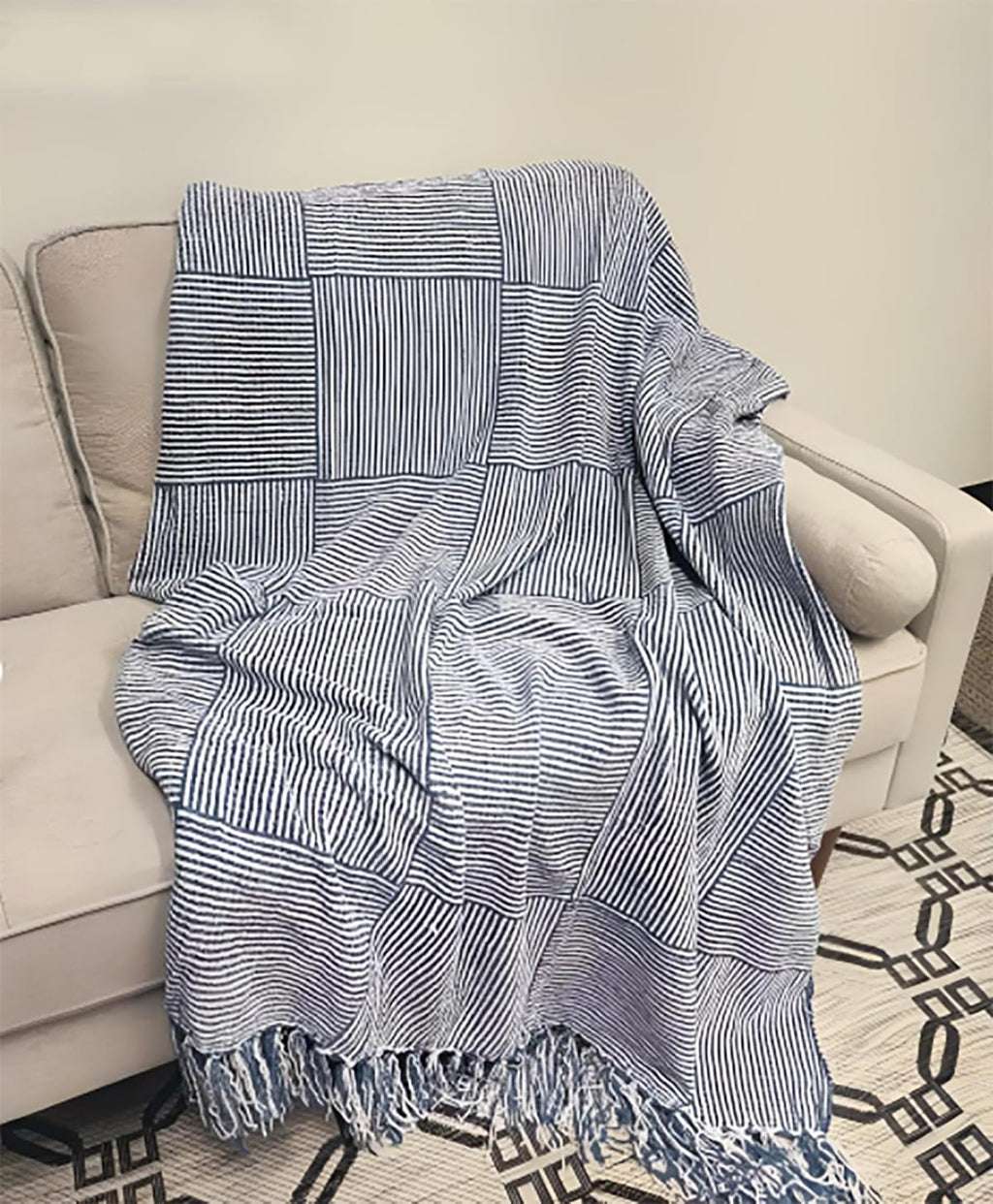 Fennco Styles Chenille Woven Striped Tassel Throw Blanket 50" W x 60" L - Grey Soft Blanket for Bed, Couch, Sofa, Home, Office and Holidays Décor