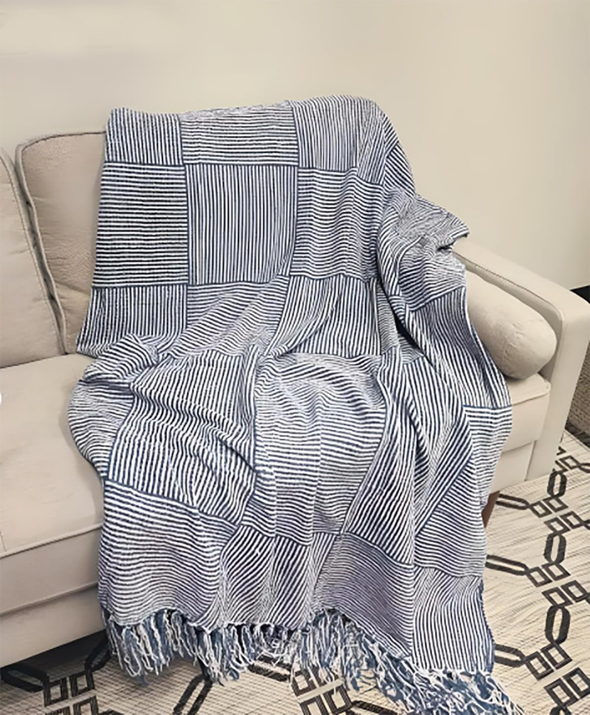 Fennco Styles Chenille Woven Striped Tassel Throw Blanket 50" W x 60" L - Grey Soft Blanket for Bed, Couch, Sofa, Home, Office and Holidays Décor